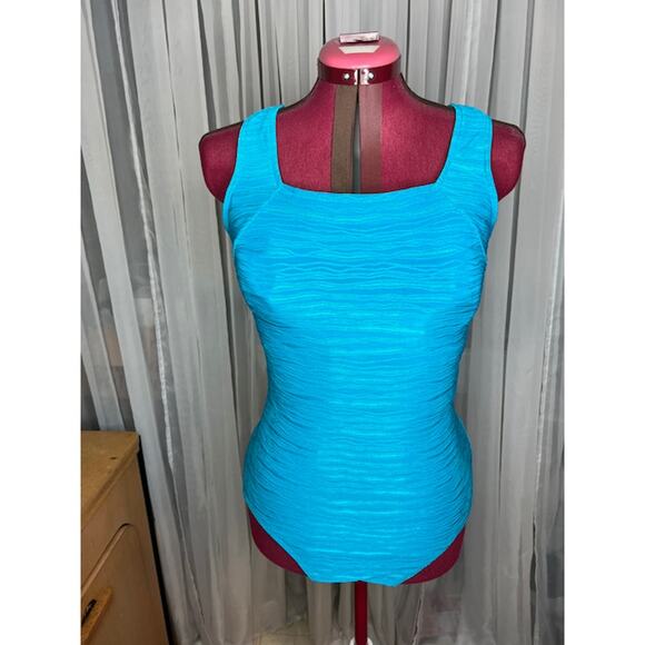 Christina one piece swimsuit Vintage textured waves square neck blue - Picture 1 of 10